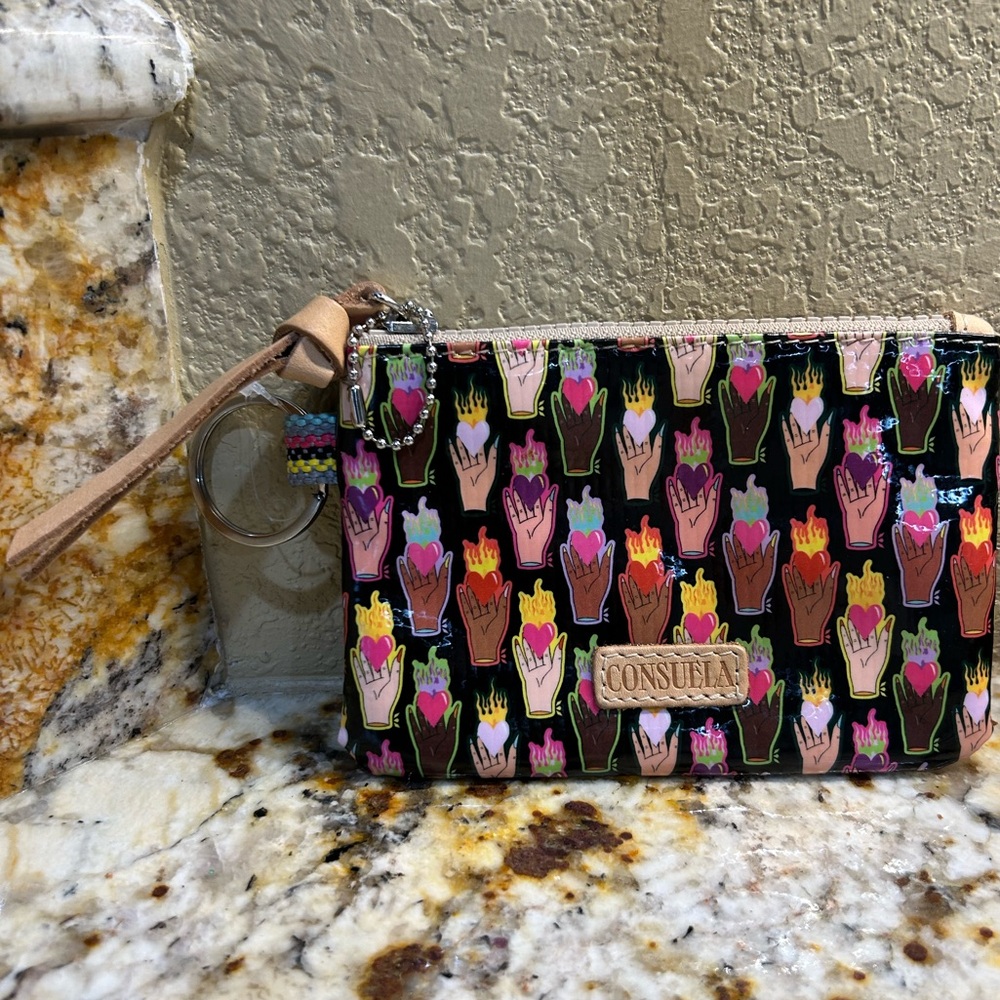 Consuela Multicolor Wristlet Wallet hands with hot fiery hearts